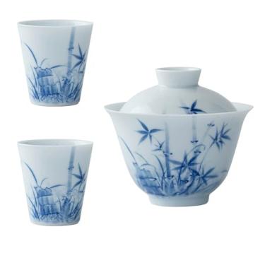 Imagem de Conjunto de chá de gongfu pintado à mão boutique – design de bambu de lavagem com tinta em porcelana branca pura, inclui mini bule, Gaiwan e xícaras de chá, conjunto de cerimônia de chá, utensílios de