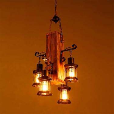 Imagem de Lâmpada Pingente Retrô E27 Industrial Loft Bar Pendurado 4 S Personalidade Madeiralâmpada Pendente De Metal Lâmpada Suspensa Vintage De Altura Ajustável Para Sala De Estar Restaurante Café