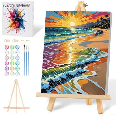 Imagem de Mowana Kit de pintura por números para adultos iniciantes, pintura de maré do mar por número tela emoldurada em cavalete de madeira, artesanato adulto DIY pintura a óleo árclica 20 x 30 cm