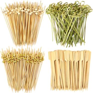 Imagem de Honeydak Kit de 2000 palhetas de bambu para coquetéis de 4,7 polegadas espetos de nó natural para aperitivos palitos de frutas palitos de enfeite de bebida com nó em laço para festa, bar, lanches