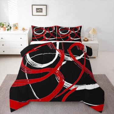 Imagem de jejeloiu Conjunto de cama geométrico abstrato, tamanho casal, preto, vermelho, conjunto de edredom para crianças, meninos, meninas, arte abstrata, conjunto de edredom listrado, 3 peças