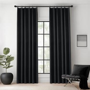 Imagem de KangBang Cortinas pretas plissadas blackout 224 cm de comprimento para quarto, cortinas plissadas texturizadas de linho para quarto de bebê, decoração de casa à prova de som garantida (2 painéis