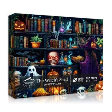 Imagem de Halloween Puzzles 1000 Pieces, Horror Bookshelf Witch Magic Potion Fall Jigsaw Puzzle, Skull Ghost Pumpkin Book Challenge for Adults