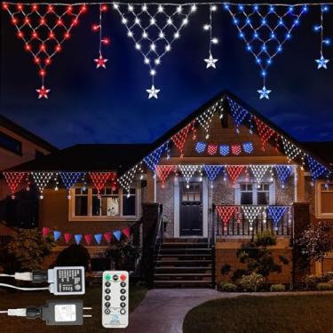 Imagem de Luzes decorativas de 4 de julho de 4,2 m 200 luzes de LED vermelhas, brancas e azuis com 12 estrelas, 8 modos de luzes de cortina com temporizador remoto, reguláveis e à prova d'água para decorações