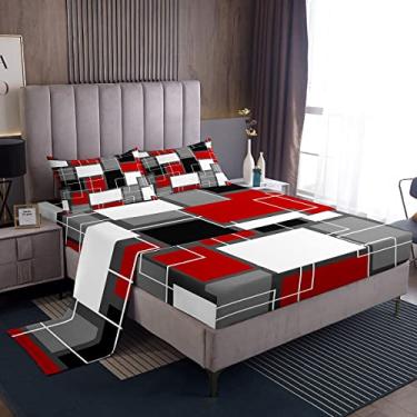 Imagem de Feelyou Jogo de lençol geométrico, listrado, arte abstrata, retangular, para mulheres, homens, geométrico, vermelho, branco, preto, coleção de quarto, 3 peças, tamanho solteiro