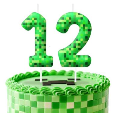 Imagem de Velas de aniversário verdes número 12, topo de bolo com tema de pixel para decoração de bolo para meninos e meninas, decorações de aniversário, suprimentos de festa, velas numéricas para decoração de