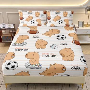 Imagem de AILONEN Jogo de lençol solteiro com desenho animado de capivara, fofo, futebol, rúgbi, tema esportivo, animal, para meninos e meninas, estampa listrada kawaii, lençol com elástico e 2 fronhas, 3 peças