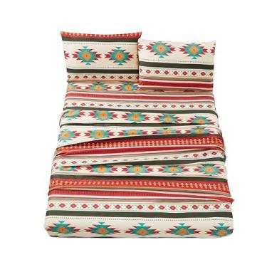 Imagem de Chezmoi Collection Conjunto de lençóis Prescott de 3 peças, geométrico, tribal, multicolorido, creme, vermelho, azul-petróleo e laranja, tamanho solteiro