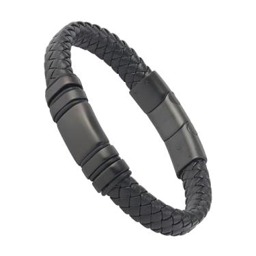 Imagem de Forge & Foundry Pulseira masculina de couro preto ajustável | Couro genuíno com fecho de pressão de aço inoxidável | Design Led, Joias artesanais de Londres | Fio único, fecho preto escovado [Navarro