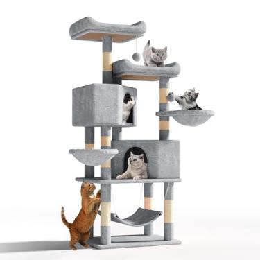 Imagem de Athena Collection Torre de árvore de gato, moderna torre de resgate de árvore de gato de 147 cm de altura com poste de arranhão, 2 condomínios, 3 redes plataforma de atividades de vários níveis e bola