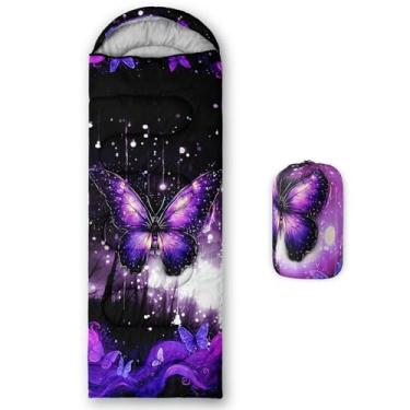 Imagem de QOOMO Sacos de dormir impermeáveis de borboleta roxa para adultos e crianças, sacos de dormir impressos para acampamento, clima quente e frio, leve, viagem e ao ar livre, equipamento de acampamento
