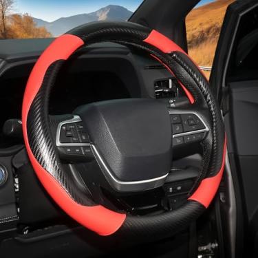 Imagem de ZHOL Capa de volante de carro de couro de fibra de carbono, antiderrapante, segura, respirável, durável, cobertura total, estilo esportivo (preto e vermelho)