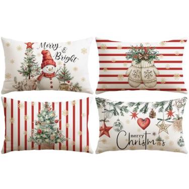 Imagem de OTOSTAR Conjunto de 4 capas de almofada Merry Christmas, 30 x 50 cm, luvas de boneco de neve alegre e brilhante, listradas, vermelhas, decorativas, capas de almofada de inverno para sofá