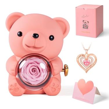 Imagem de mountova Urso de pelúcia fofo com rosa preservada e colar, presentes românticos de rosas de urso com armazenamento de joias para mulheres, namorada, esposa, presente de dia dos namorados, decoração de