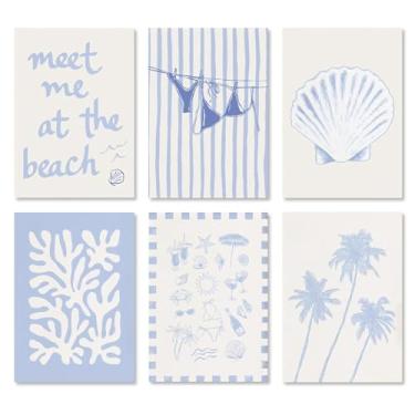 Imagem de 6 peças arte de parede costeira concha azul biquíni decoração de parede imagem impressão de palmeira arte Meet Me at the Beach pôster estético para quarto feminino dormitório apartamento decoração de