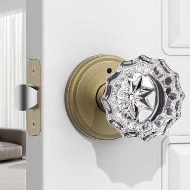 Imagem de MAXECURITY 1 maçaneta de porta de cristal, maçanetas de vidro em forma de roseta interior com fechadura, maçanetas de porta de latão antigo interior de vidro
