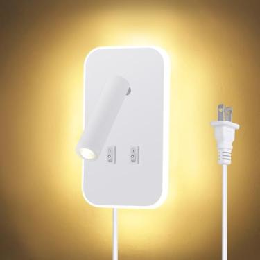 Imagem de Kawell Arandelas de parede modernas 2 em 1 8W luz de parede LED interna com interruptor 350° giratório 3W leitura holofote de parede para quarto cabeceira sala de estar sala de estudo, branco 3000K