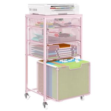 Imagem de Sbanmao Carrinho de arquivo com 4 gavetas, armazenamento sob a mesa, armários de arquivo para escritório doméstico, armário de arquivo móvel, organizador de arquivos suspensos com rodas, suporte para