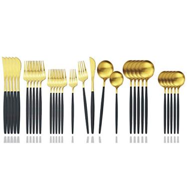 Imagem de JASHII Conjunto de talheres de aço inoxidável, acabamento acetinado, conjunto de talheres para 6, 30 peças, colheres e garfos, conjunto de utensílios de cozinha, pode ser lavado na lava-louças (cabo preto fosco)
