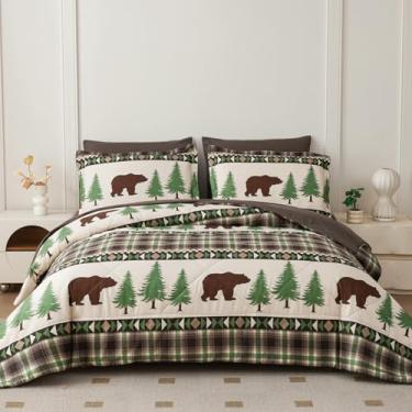 Imagem de Smuge Conjunto de edredom King Size Lodge Moose – 7 peças para cama em uma bolsa de urso rústico campestre campestre campestre conjunto de edredom alternativo, lençóis, fronhas e fronhas (verde café)