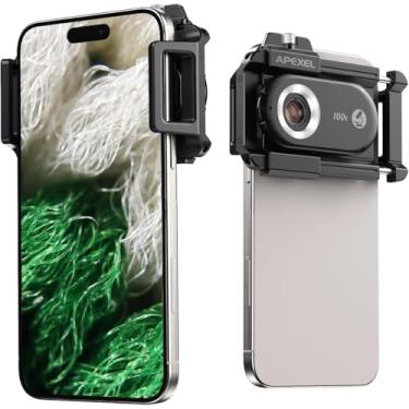 Imagem de APEXEL Lente de microscópio para telefone, telefone micro micro série 5 100X para Android/iPhone com luz LED/CPL/clipe universal, mini microscópio de bolso, acessório de câmera de smartphone para