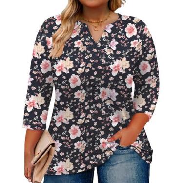 Imagem de Blusa túnica Romanstii Plus Size de manga 3/4 com decote em V para mul