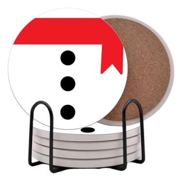 Imagem de Boneco de neve, boneco de neve, cachecol Feliz Natal, época de férias, porta-copos redondos, conjunto de 6 - Porta-copos de cerâmica Abosrbent com suporte de metal para decoração de feliz Natal