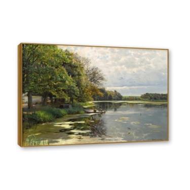 Imagem de Moldura externa de teca. Famosas pinturas a óleo, (Spring Waterside) por Peder Mork Monsted, reprodução impressa em tela, arte de cenário para decoração de sala de estar. 50 x 70 cm - 19,6 x 27,5 pol