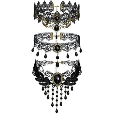 Imagem de nylry Colares góticos para mulheres, colar gargantilha preta para mulheres, colar gótico de bruxa, conjunto de gargantilhas de renda sexy, colar punk cosplay acessórios de vampiro, joias góticas de