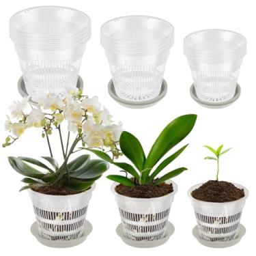 Imagem de Pote de orquídea, pacote com 15 vasos de orquídeas com furos e pires, 5 de cada um de 10,9 cm, 14 cm e 16 cm de plástico transparente para plantas de interior e exterior, plantador de orquídeas para