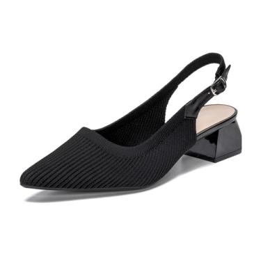 Imagem de youngshow Salto feminino ajustável, bico fino, salto médio-baixo, lindo sapato social de malha sem cadarço, 07 Preto, 35