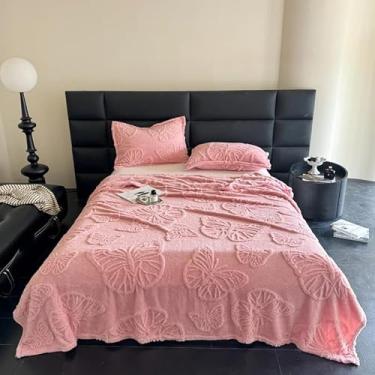 Imagem de Cobertor de Microfibra Fleece com Relevo Borboletas, 180 x 200 cm, Macio e Decorativo, Branco e Rosa (Off White, Casal)