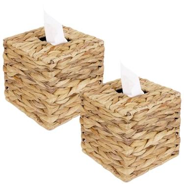 Imagem de DODAMOUR Pacote com 2 capas de caixa de lenços de tecido natural, porta-guardanapos de vime feito à mão, suporte quadrado de lenços com alça inferior elástica para decoração de escritório em casa
