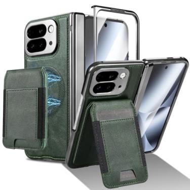 Imagem de LTLMYDAM Capa de dobradiça para Google Pixel 10 Pro Fold, carteira removível de couro com sucção magnética, protetor de tela embutido, capa à prova de choque, verde, 10 Pro Fold