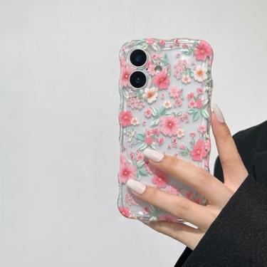 Imagem de RALEAVO Capa para iPhone 17 linda estampa floral, moldura ondulada transparente para mulheres, capa protetora macia à prova de choque antiderrapante para iPhone 17, flores rosa