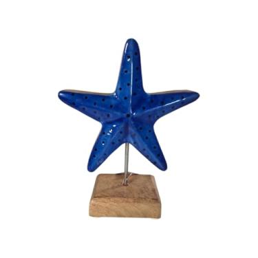 Imagem de Estátua Estrela Do Mar Azul Branco Madeira Estante Casa Na Praia Decorada Oceano Lago Lagoa Litoral (Azul)