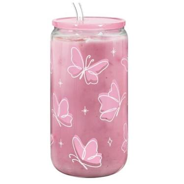 Imagem de Copo de vidro SANDJEST Butterfly 473ml com tampa acrílica Straw