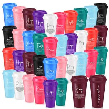 Imagem de LemonRoad 40 peças de copos de café de plástico com versículo bíblico com tampas 473 ml copos de plástico religiosos reutilizáveis igreja cristã presentes de agradecimento para funcionários