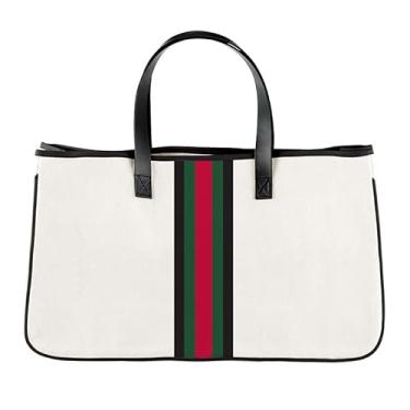 Imagem de Santa Barbara Design Studio Bolsa de lona listrada Racer - Alças de couro e forro à prova d'água, Natural + vermelho, verde, 11" H x 20" W x 6" D, Inside Pocket: 7.5" H x 9" W, Preppy, casual
