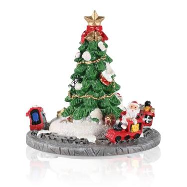 Imagem de iStatue Estatueta de árvore de Natal musical rotativa – decoração de férias de resina com trem de Papai Noel, toca música "Merry Christmas", presente de árvore giratória de 15 cm de altura (árvore de