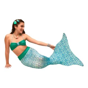 Imagem de Cauda de Sereia Completa para Nadar + Nadadeira Concha Azul