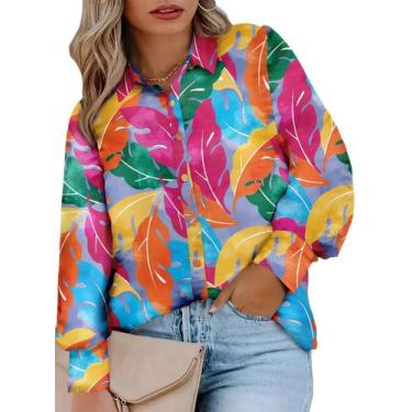 Imagem de Blusa feminina Eytino plus size com decote em V, manga comprida, multi