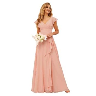 Imagem de Vestido de dama de honra TIRAS Aline Ruffled Dusty Rose Chiffon com de