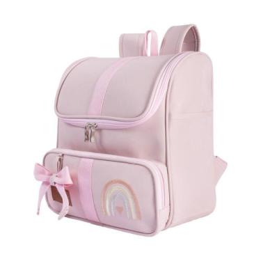Imagem de Mochila Rosa Arco Íris Bordado Com Laço Decorativo - 1 Peça - 002 CHEI