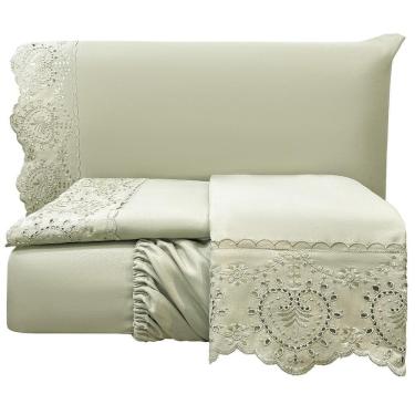 Imagem de Jogo Cama Lençol King Nupcial Percal 300 Fios 4 Peças - Bege