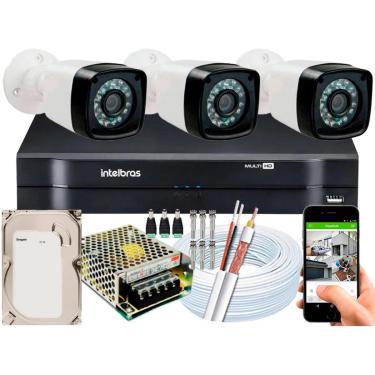 Imagem de Kit Cftv 3 Cameras Segurança Hd Dvr Intelbras 4ch Full HD c/ hd