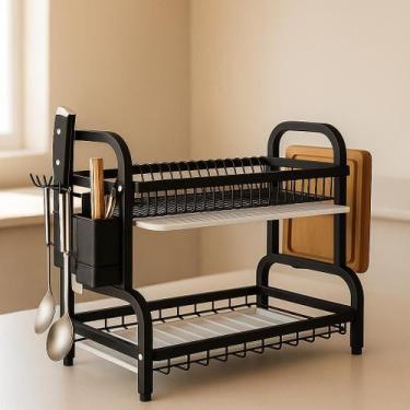 Imagem de Escorredor de Louça Preto Fosco 2 Andares com Bandeja Coletora e Porta