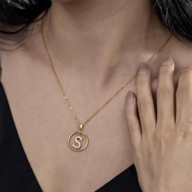 Imagem de Colar de strass com inicial A-Z - Joias delicadas com pingente circular com corrente ajustável, colar de alfabeto personalizado para mulheres,, F, Aço inoxidável, Sem Pedra Preciosa