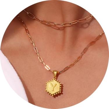 Imagem de Colar personalizado com pingente de letra A-Z, design hexagonal de corrente de camada dupla, joia minimalista de aço inoxidável para mulheres, F, Aço inoxidável, Sem Pedra Preciosa