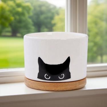 Imagem de Vaso de cerâmica branca para suculentas: adequado para vasos de flores de suculentas/cactos com bandejas de madeira e drenagem - Decoração moderna de mesa - Bom para presentear os amantes de plantas